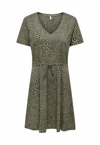 Kleid mit kurzen Ärmeln in Olivgrün mit Leopardenmuster. Mit V-Ausschnitt und verstellbarem Gummizug in der Taille für eine anpassbare Passform. Weiche Stofftextur.