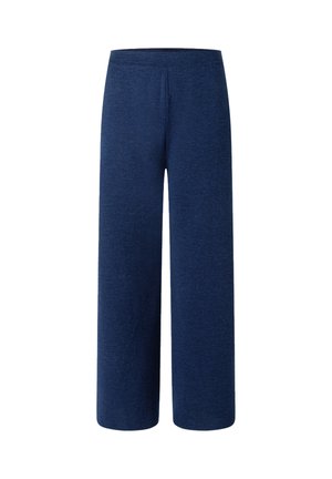 Marineblaue, weit geschnittene Hose mit elastischem Bund, aus weichem, strukturiertem Stoff, geeignet für Freizeit- oder Loungebekleidung.