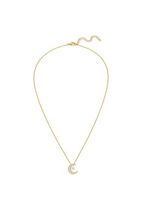 Delicate gold chain necklace with crescent moon and star pendant adorned with small clear gemstones.