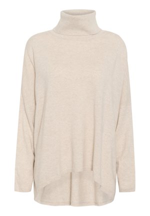 Maglione beige a collo alto con maniche lunghe e ampie e orlo posteriore leggermente più lungo. Realizzato in un morbido tessuto testurizzato. Design minimalista.