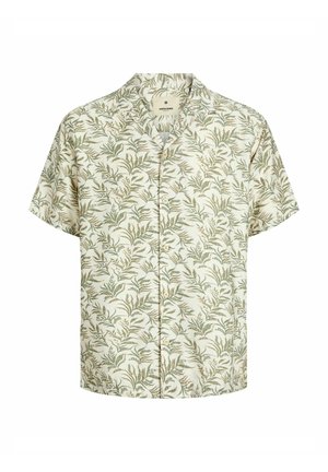 Kortermet skjorte laget av lett stoff, med en kremhvit bakgrunn og grønne bladmønstre, knappelukking foran og en avslappet passform.
