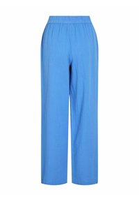 Lichtblauwe wijde broek gemaakt van textuurstof, met een elastische tailleband en een losse pasvorm, wat comfort en bewegingsvrijheid biedt.
