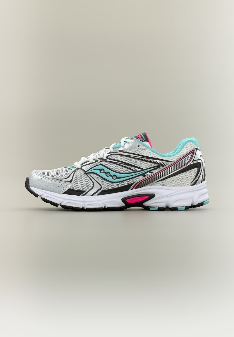 White and gray running shoe with turquoise and pink accents, mesh upper, black sole, and detailed side logo, shown in profile on gray background.
