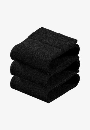 Black socks stacked in three neat folds, made from a soft, textured material with a solid dark color and no visible patterns or accents.