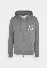 Felpa grigia con zip, cappuccio regolabile e logo bianco Armani Exchange A|X sul lato sinistro del petto.