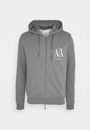 Felpa grigia con zip, cappuccio regolabile e logo bianco Armani Exchange A|X sul lato sinistro del petto.