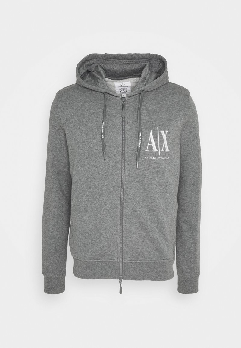 Felpa grigia con zip, cappuccio regolabile e logo bianco Armani Exchange A|X sul lato sinistro del petto.