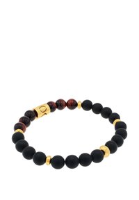 Bracciale di perline nere e borgogna con accenti dorati; presenta texture opache e lucide, chiuso con una fibbia color oro.