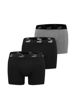Drei Paare Boxershorts: zwei in Schwarz und eine in Grau. Jede hat einen schwarzen elastischen Bund mit einem weißen Logo und Naht.