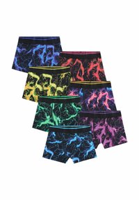 Ensemble de huit boxers pour hommes avec des motifs d'éclairs de différentes couleurs : bleu, vert, jaune, rouge et violet, avec des ceintures noires.