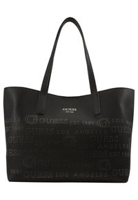 Sort tote taske lavet af tekstureret læder med præget brandlogoer. Har to håndtag og et åbent topdesign.