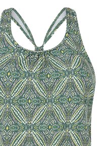 Grönt mönstrat baddräktstopp med en korsettdesign baktill, med ett blommönster i gult och vitt. Slät tygtextur.