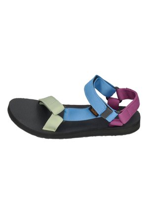 Multikleurige sandaal met een zwarte rubberen zool, blauwe en groene textielriemen en een paarse accentriem voor een verstelbare pasvorm.