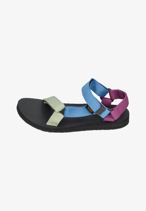 Multicolored sandal featuring a black rubber sole, blue and green textile straps, and a purple accent strap for adjustable fit.