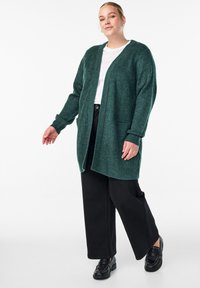 Zaļš teksturēts kardigāns, atvērts priekšpuse, garas piedurknes, ar divām priekšējām kabatām. Nēsāts pāri baltai krekla un līdz ar plašām melnām biksēm un kurpēm.