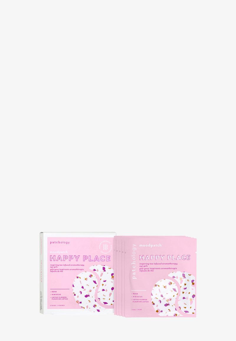 Die rosa Verpackung zeigt die "Happy Place" Stimmungs-Patches von Patchology, die bunte, teeinspirierte Designs und Produktdetails hervorhebt.
