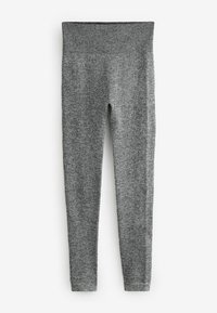 Szürke, texturált leggings ribbed mintával, teljes hosszúságú kialakítással és rugalmas derékrésszel. Az anyag lágy és rugalmasnak tűnik.