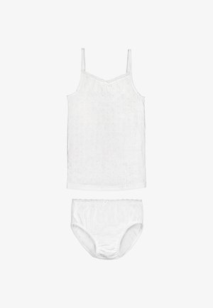 Camiseta de algodón para chicas blancas con textura floral y braguitas a juego, con ribete de encaje y pequeños lazos decorativos.