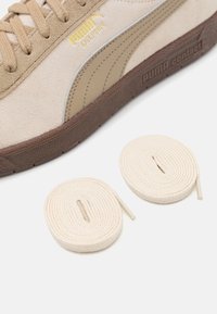 Sneaker in suede beige con suola in gomma marrone, caratterizzato da una striscia marrone chiaro, un logo dorato e due lacci di colore crema.