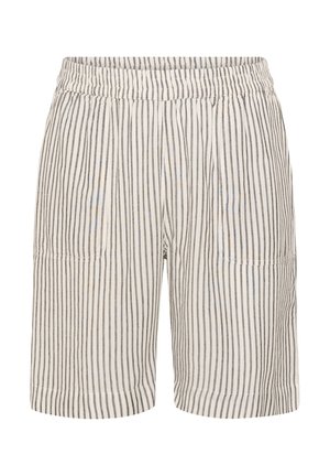 Short beige à rayures noires verticales, taille élastique, poches avant et ourlet à hauteur des genoux.