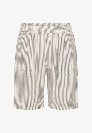 Short beige à rayures noires verticales, taille élastique, poches avant et ourlet à hauteur des genoux.