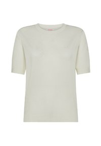 Maglione corto a maniche corte di colore crema chiaro con scollatura rotonda, texture a coste e dettaglio logo discreto sul davanti.