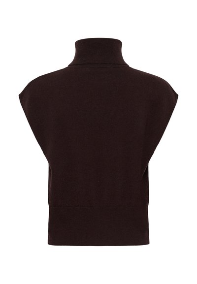 Haut sans manches en tricot marron foncé avec col roulé haut et larges emmanchures.