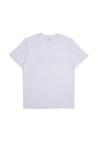 White cotton t-shirt, short sleeves, crew neck, with a smooth texture. The back features a subtle, cloud-like print in a lighter shade.