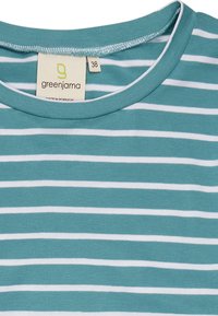 Türkis-weiß gestreiftes T-Shirt aus weicher Baumwolle, mit Rundhalsausschnitt und einem Etikett, das die Größe 38 angibt.