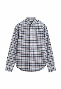 Long-sleeve plaid shirt featuring a blend of blue, white, and dark red colors. Button-up front, collar, and chest pocket present. Cotton material.