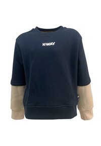 Felpa navy con maniche color crema, logo K-WAY bianco sul petto, tessuto morbido, collo rotondo e orlo e polsini a costine.