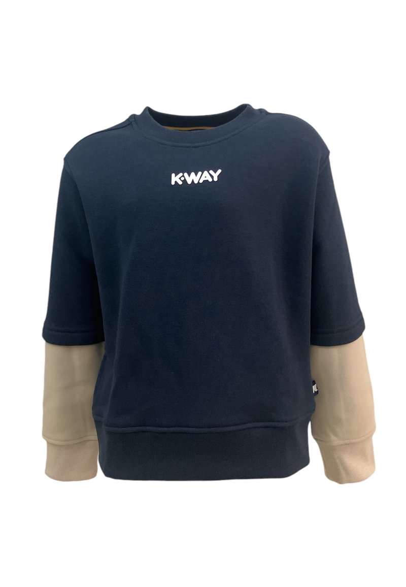 Felpa navy con maniche color crema, logo K-WAY bianco sul petto, tessuto morbido, collo rotondo e orlo e polsini a costine.