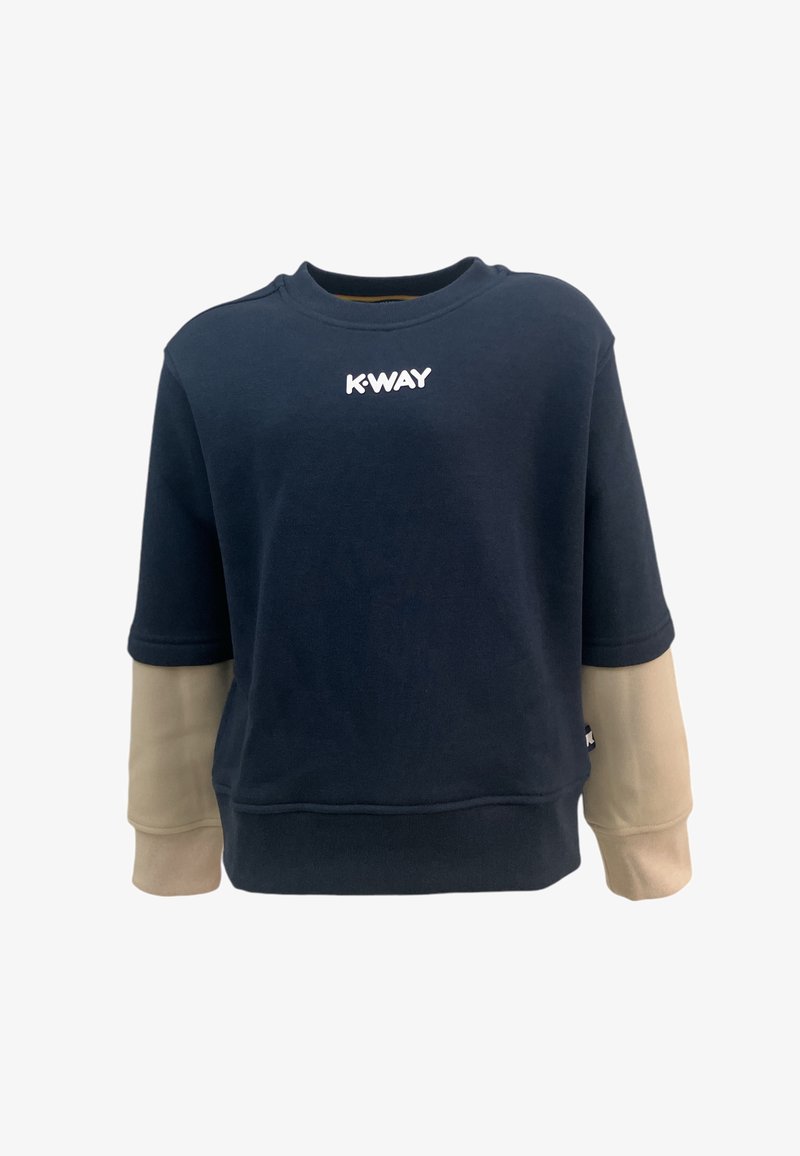 Felpa navy con maniche color crema, logo K-WAY bianco sul petto, tessuto morbido, collo rotondo e orlo e polsini a costine.