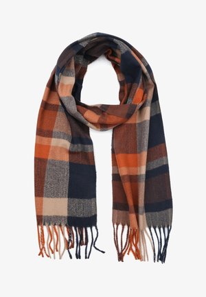 Plaid scarf in orange, navy, and tan. Made of soft fabric with fringed edges. Features a checkered design with varying block sizes.