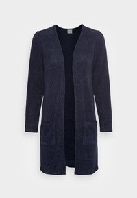 Marinblå cardigan i texturerad stickad kvalitet, öppen framtill, långa ärmar, med två framfickor. Slät yta med en avslappnad passform.