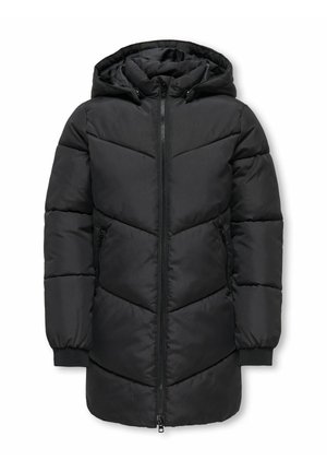 Veste d'hiver longue noire matelassée avec capuche, fermeture éclair devant, poches latérales zippées et poignets côtelés aux manches.