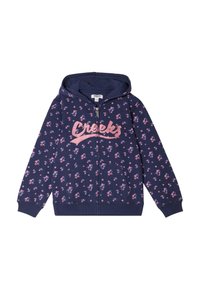 Felpa con zip di colore blu navy, decorata con un motivo floreale nei toni del rosa e del viola. Presenta un cappuccio con cordini e tasche frontali. Tessuto morbido con polsini e orlo a coste.