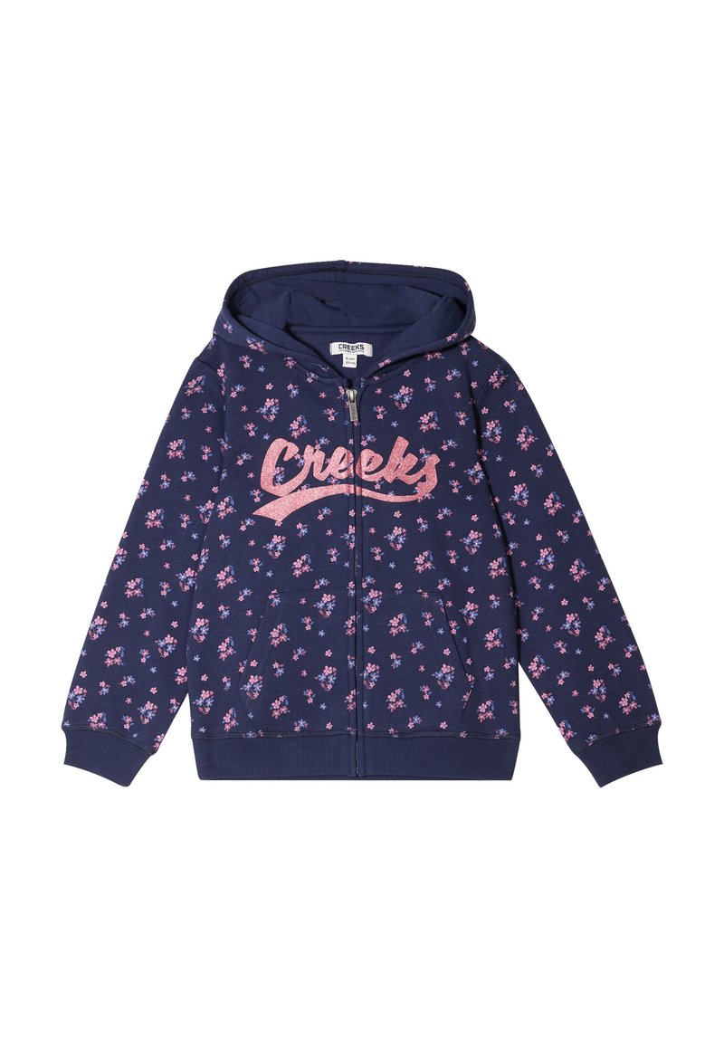 Felpa con zip di colore blu navy, decorata con un motivo floreale nei toni del rosa e del viola. Presenta un cappuccio con cordini e tasche frontali. Tessuto morbido con polsini e orlo a coste.