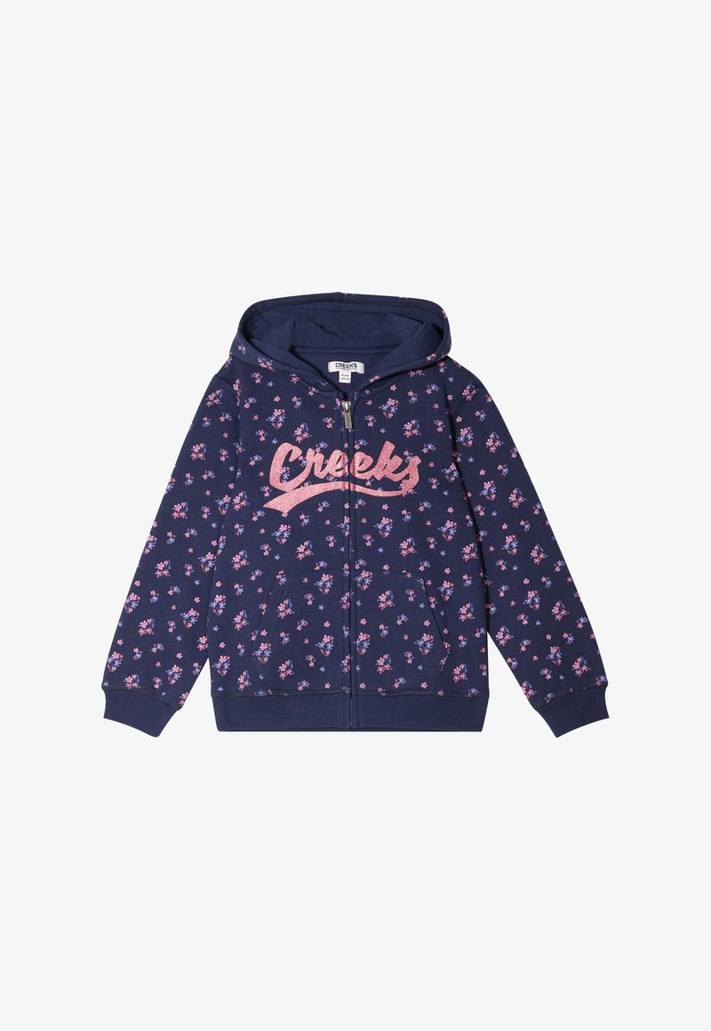 Felpa con zip di colore blu navy, decorata con un motivo floreale nei toni del rosa e del viola. Presenta un cappuccio con cordini e tasche frontali. Tessuto morbido con polsini e orlo a coste.