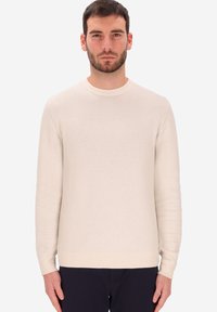 Pullover a maglia di colore crema con maniche lunghe e scollatura rotonda. Presenta polsini e orlo a coste, realizzato in un materiale morbido e leggero.
