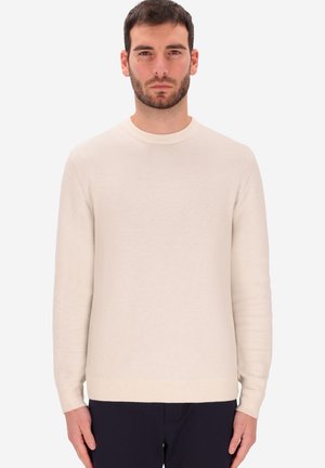 Pullover a maglia di colore crema con maniche lunghe e scollatura rotonda. Presenta polsini e orlo a coste, realizzato in un materiale morbido e leggero.