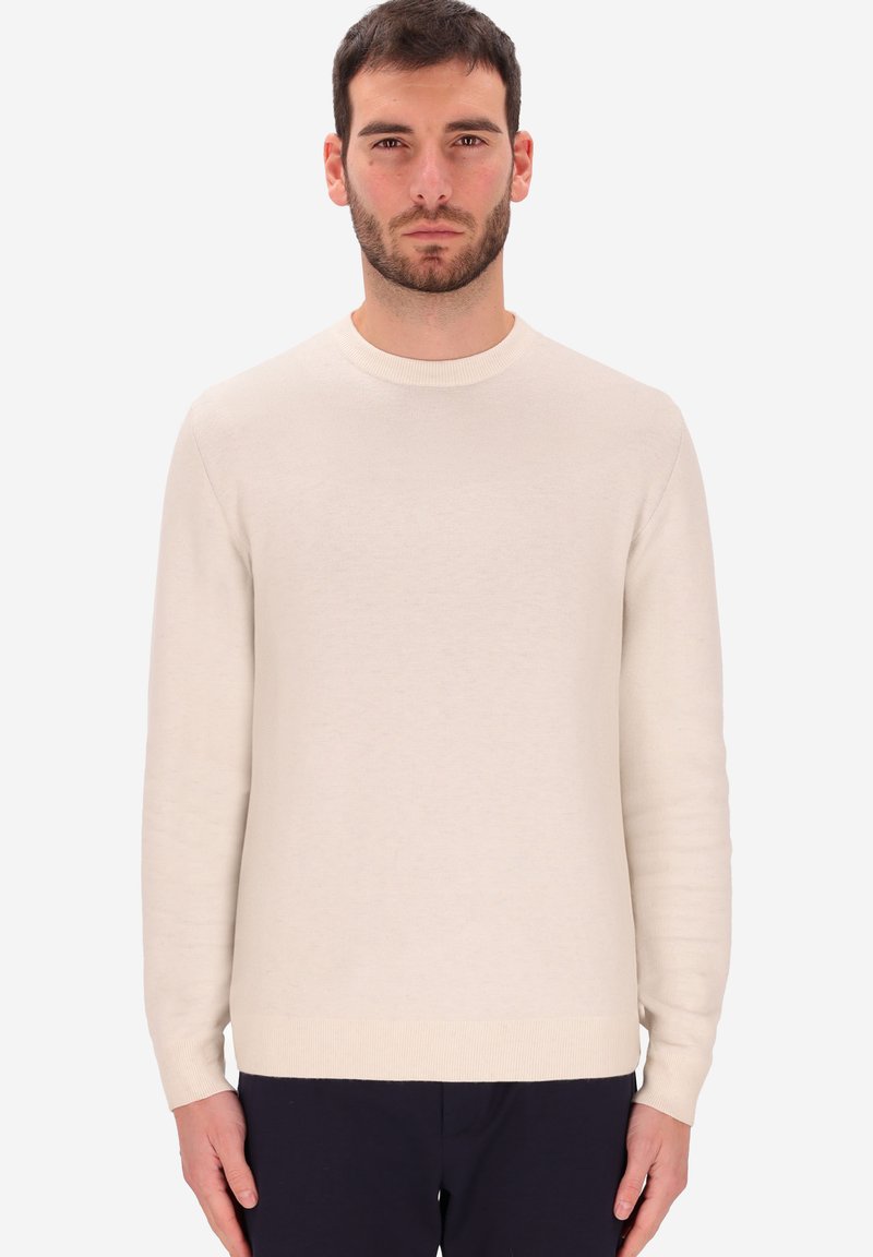 Pullover a maglia di colore crema con maniche lunghe e scollatura rotonda. Presenta polsini e orlo a coste, realizzato in un materiale morbido e leggero.