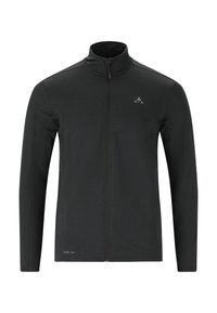 Sort zip-jakke lavet af tekstureret stof med høj krave og lange ærmer. Har et diskret logo på brystet og et 'Quick Dry'-mærke.