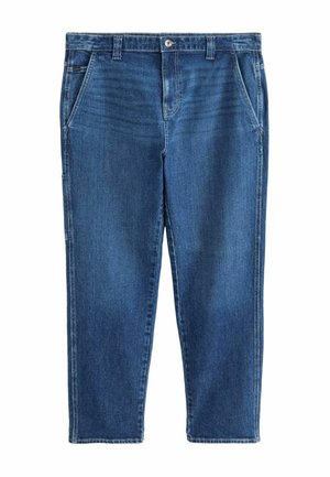 Blue denim jeans with a straight leg cut, five-pocket design, and a zipper fly. The fabric has a medium wash with subtle whisker fading.
