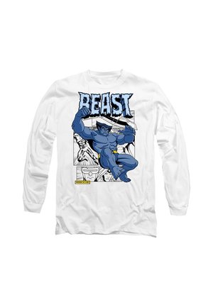 Weißes Langarmhemd mit blauer, comicartiger muskulöser Figur mit der Aufschrift „BEAST“ in Fettschrift über der Figur.