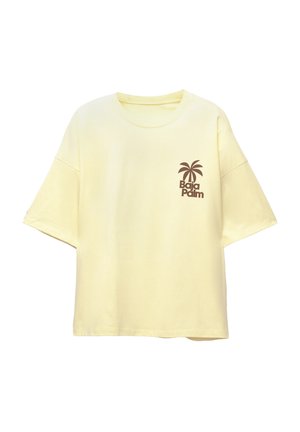 T-shirt di cotone gialla con maniche corte, con una grafica di una palma marrone e il testo "Baja Palm" nell'area sinistra del petto.