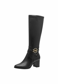 Tall black leather boots with a pointed toe, gold hardware accent with initials, and a chunky heel. Smooth texture and sleek design.