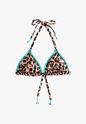 Leopardikuosinen kolmiobikinitoppi turkoosin reunuksen ja säädettävien niskalenkkien sekä selkänyörien kanssa.