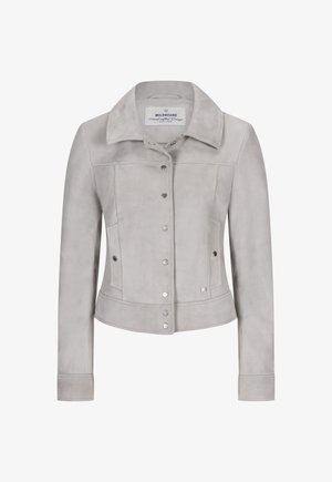 Hellgraue Wildlederjacke mit Druckknöpfen, weitem Kragen, langen Ärmeln, zwei Vordertaschen und abgesteppten Details, beschriftet mit „Milestone“.