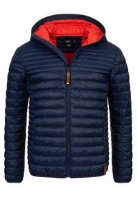 Navy puffer jacket with quilted texture, red hood lining, full zip closure, and leather accent near hem. Lightweight and insulated design.